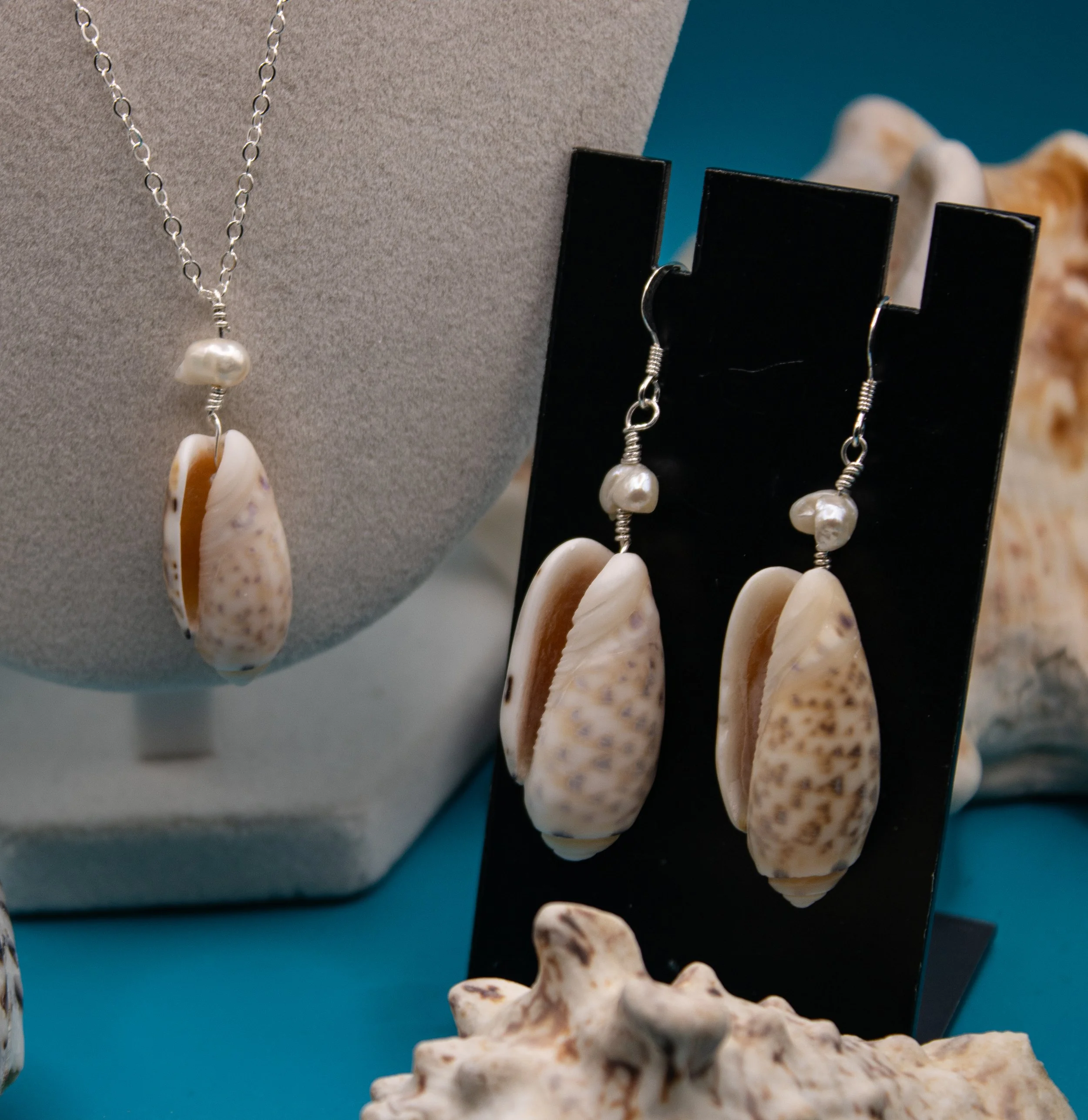 Okinawa Olive Shells & Keshi Pearls - Sterling Silver Earrings & Necklace Set