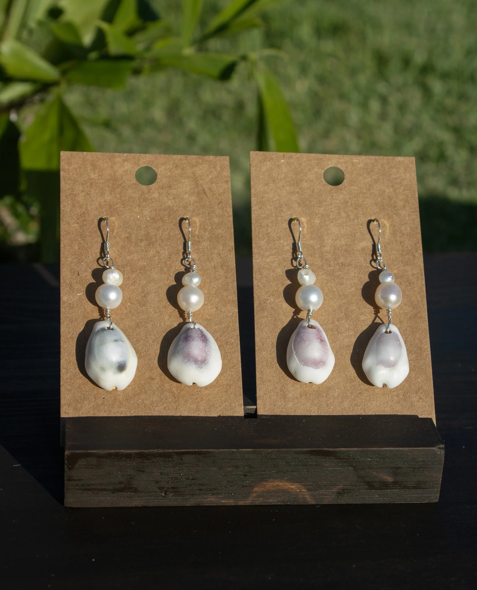 Okinawa Shell Earrings - Gold Filled or Sterling Silver Purple Cowry Earrings with Pearls