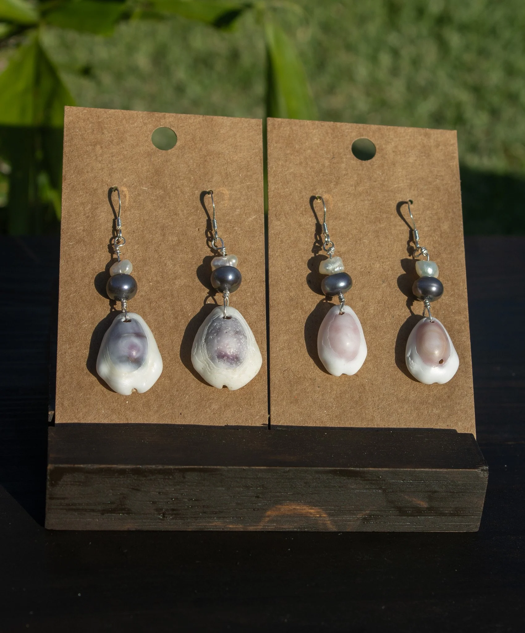 Okinawa Shell Earrings - Gold Filled or Sterling Silver Purple Cowry Earrings with Pearls