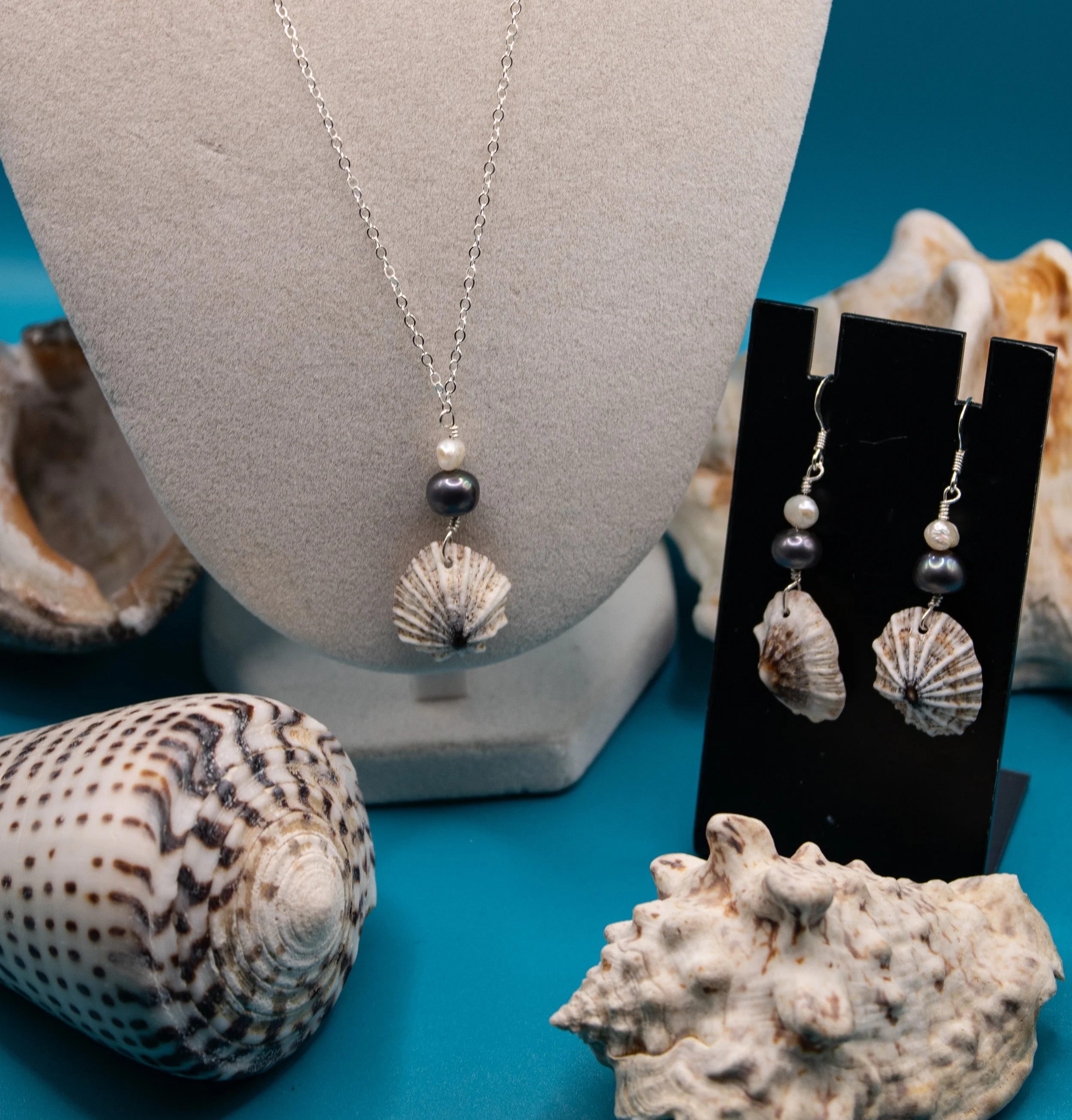 Okinawa Opihi + Keshi & Black Pearls - Sterling Silver Earrings & Necklace Set