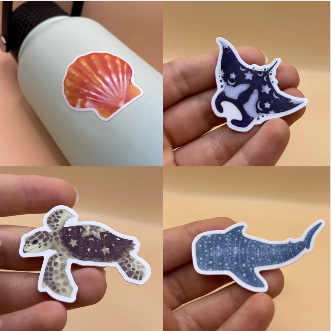 4pcs. Hawaii Sticker Pack - Waterproof Stickers - Sunrise Shell & Ocean Animals Designed on Maui