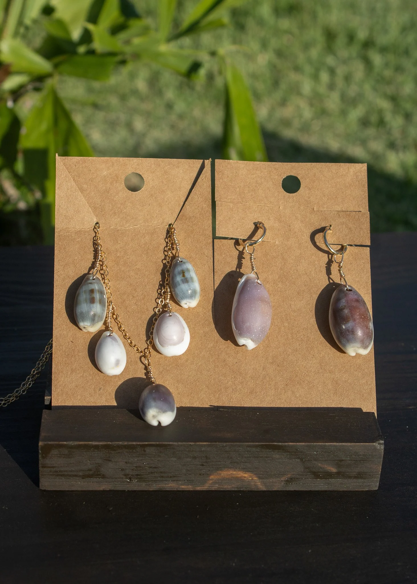 Okinawa Shell Earrings & Necklace Set - Purple Cowry Design