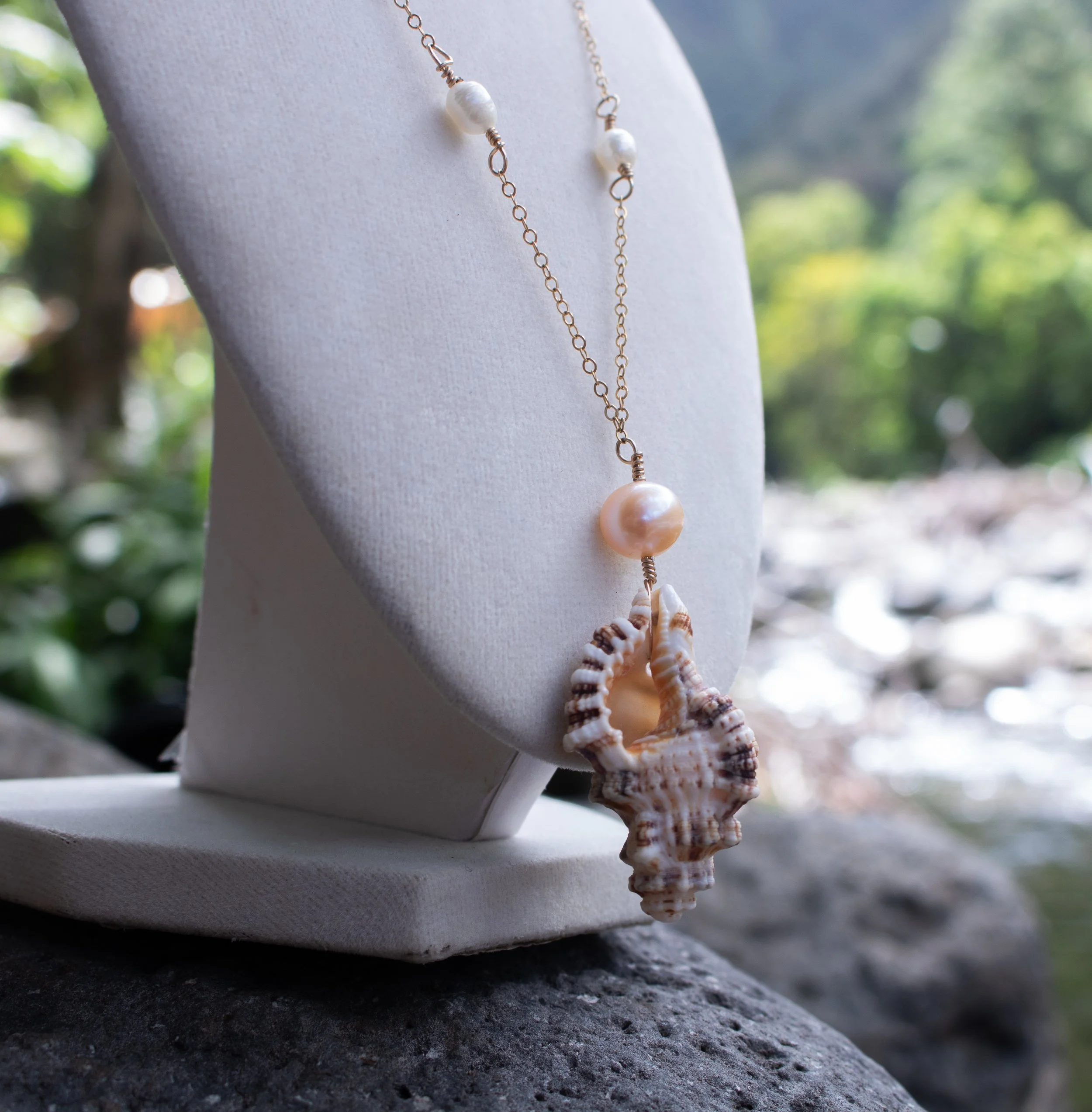 Orange Lipped Triton Shell Necklace - Long Style 14k Gold Filled