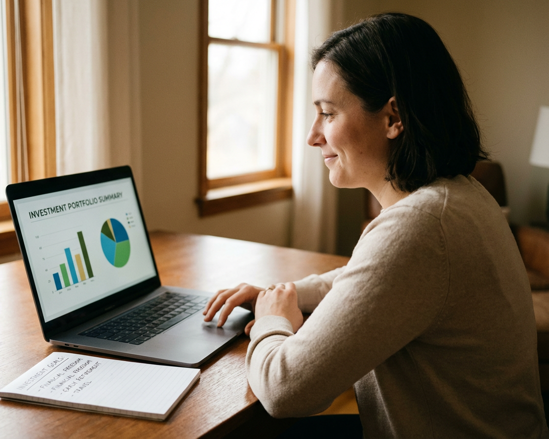 A woman sitting at a wooden desk looking at a laptop displaying an investment portfolio summary with bar and pie charts.