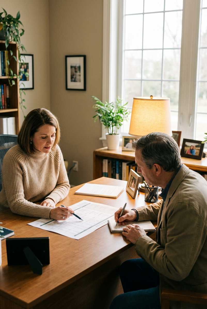 A woman and man sit at a wooden desk in a well-lit office, reviewing documents and taking notes, with framed photos and potted plants around.
