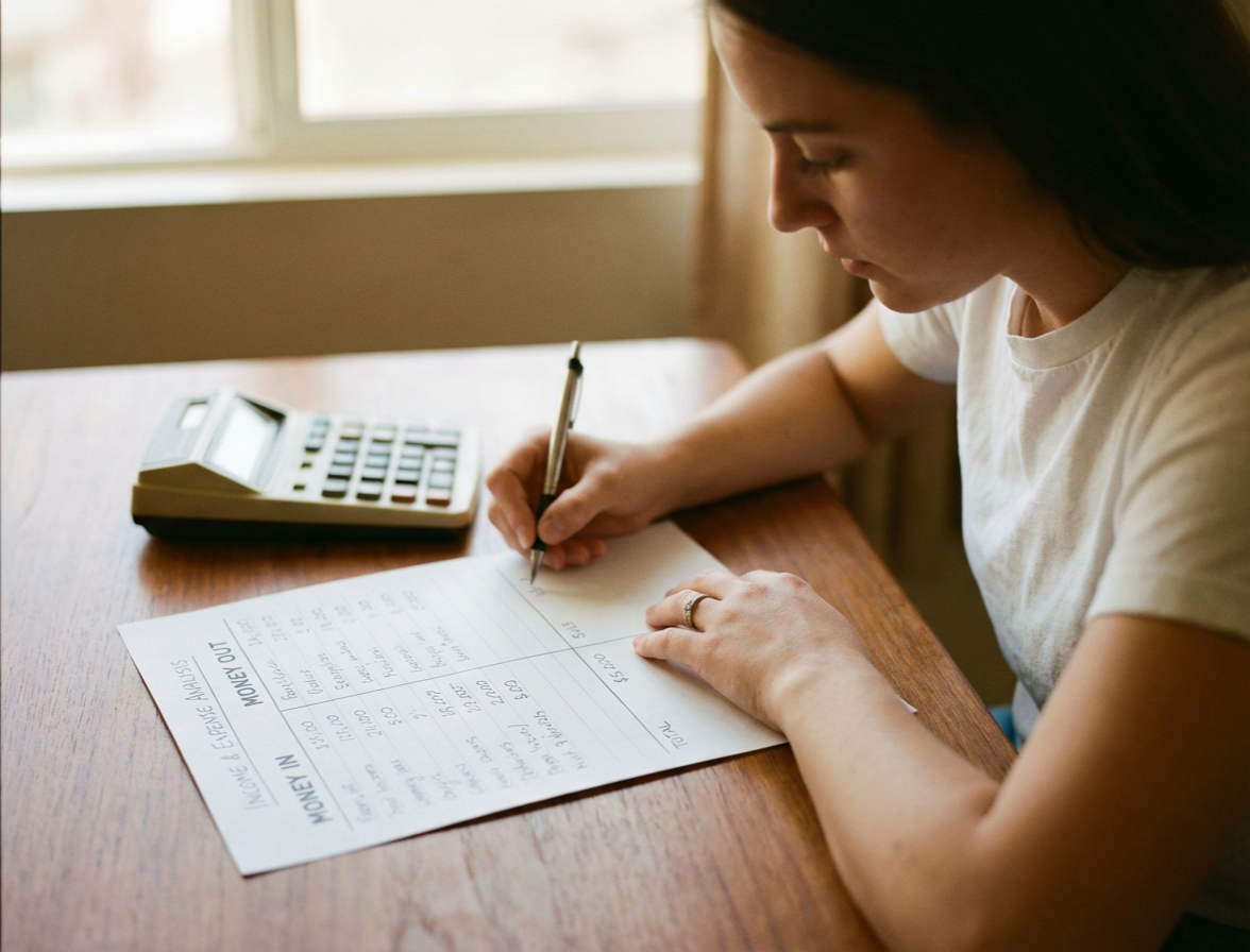 Woman sitting at a wooden desk, writing on a financial worksheet with a pen, with a calculator nearby, near a window.