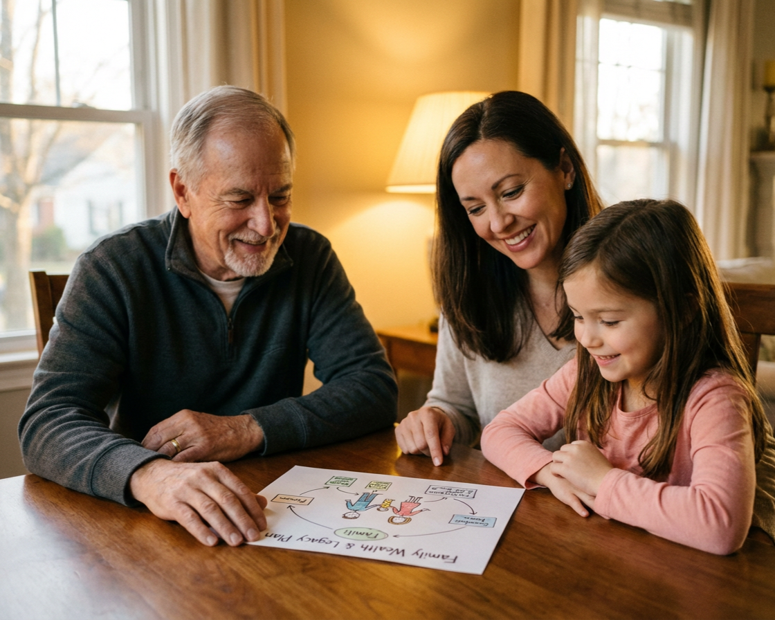 Family of three, an elderly man, woman, and young girl, sitting at a wooden table looking at a colorful diagram about family walk and play activities, smiling.