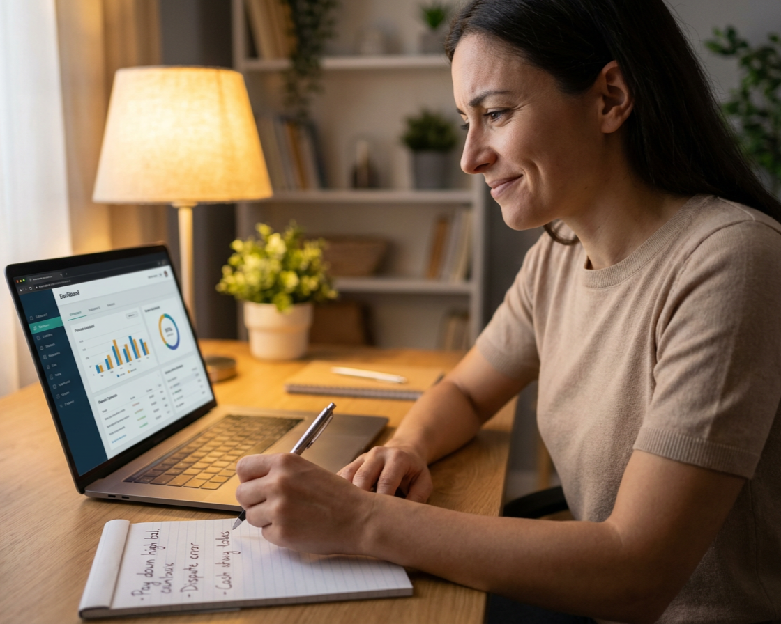 A woman sitting at a desk working on a laptop with financial graphs on the screen, writing notes on a notepad.