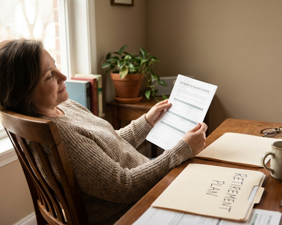 A woman sitting at a wooden table, reading a retirement plan document, with a folder labeled "RETIREMENT PLAN" and a pair of glasses on the table.