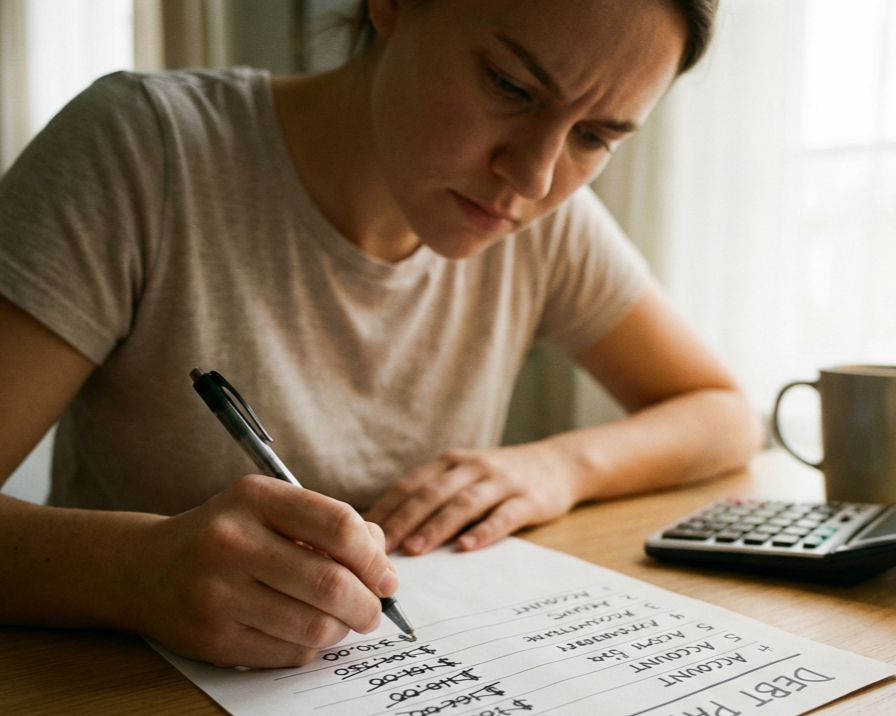 A woman sitting at a wooden table writing on a piece of paper with a black pen, with a calculator and a mug nearby.
