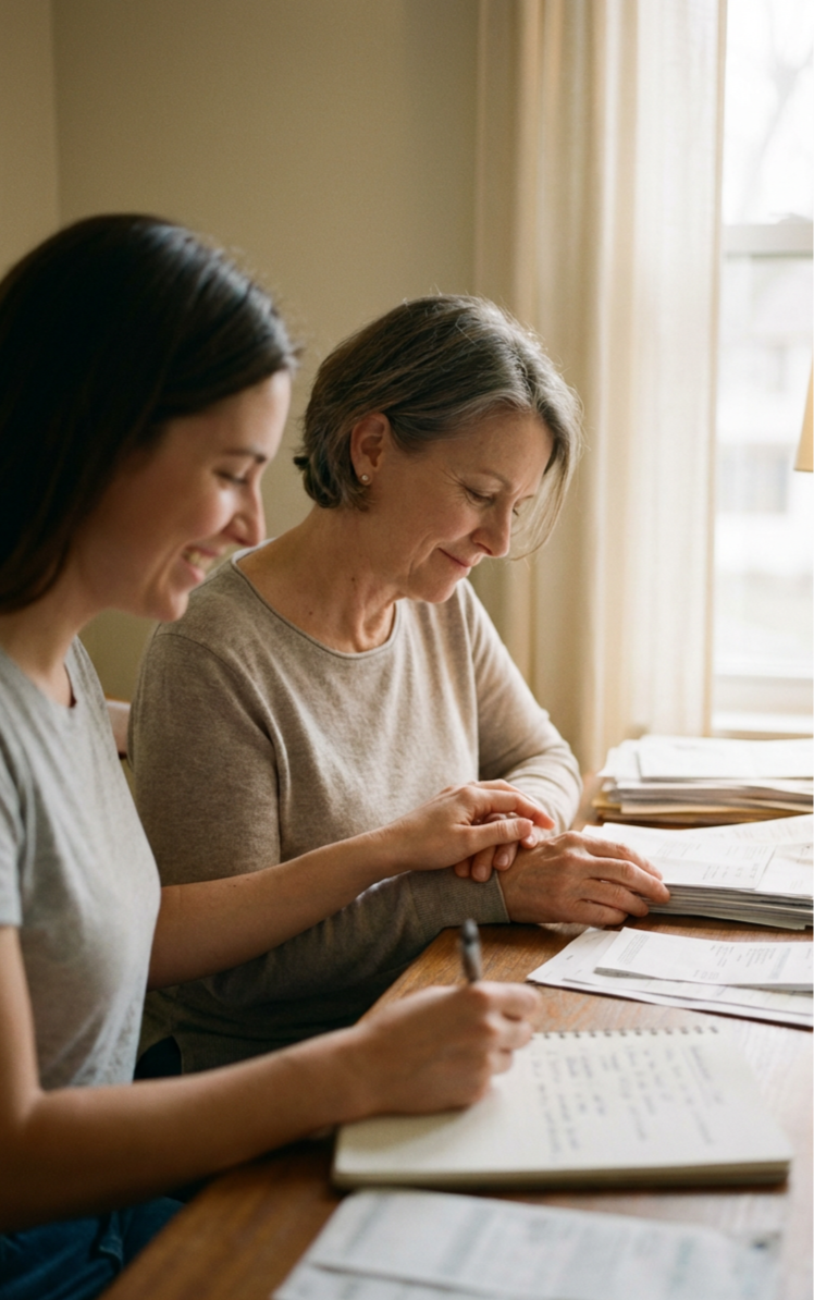 A young woman and an older woman are sitting at a wooden table, looking at papers and smiling. The young woman is writing in a notebook while the older woman watches. There are stacks of papers on the table, and sunlight is coming through a window with cream-colored curtains.