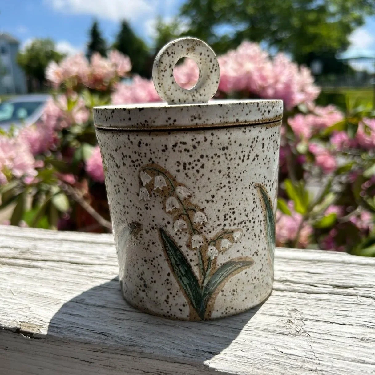 A ceramic container with a floral design and a speckled finish features a ring on top of a lid, set outdoors on a weathered wooden surface with pink flowering bushes and a partly cloudy sky in the background.