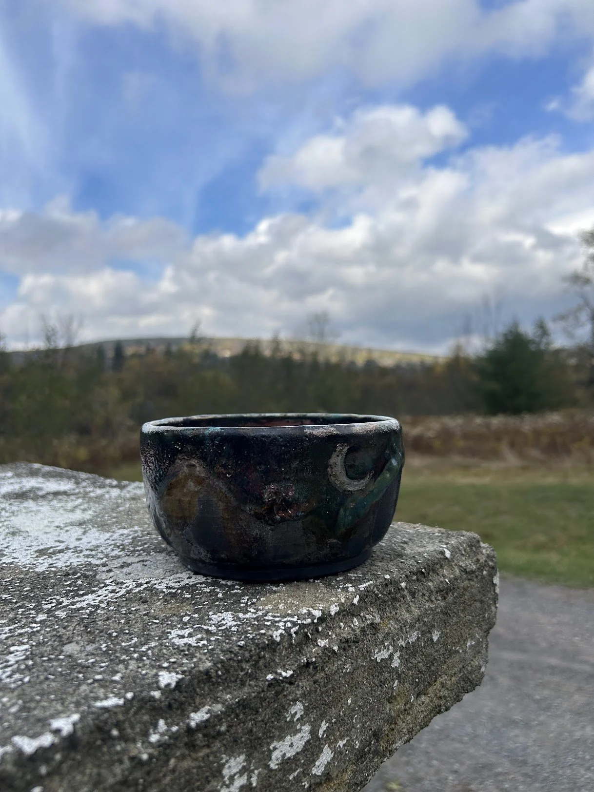 A small, dark, speckled ceramic bowl placed on a rough concrete surface outdoors with a background of trees, grassy fields, hills, and partly cloudy sky.