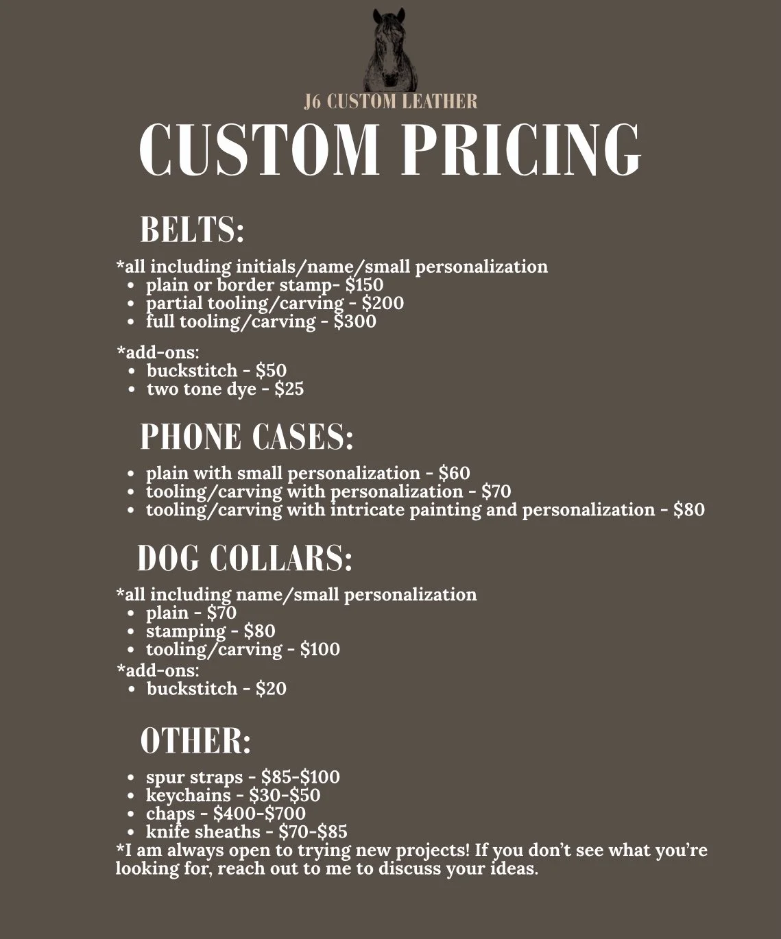 Price list for custom leather items including belts, phone cases, dog collars, and other accessories with various personalization options and pricing details.
