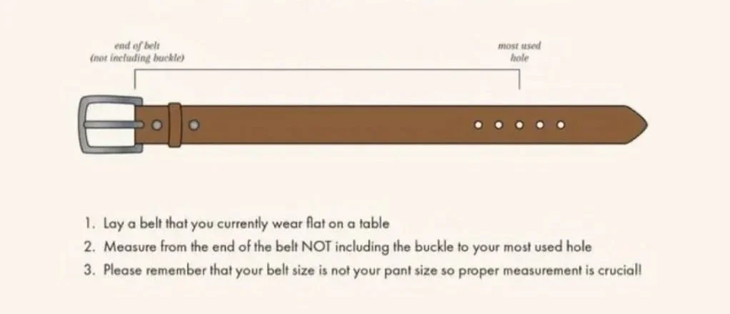 Diagram of a brown leather belt with a silver buckle, showing measurement instructions from buckle end to most used hole for proper sizing.