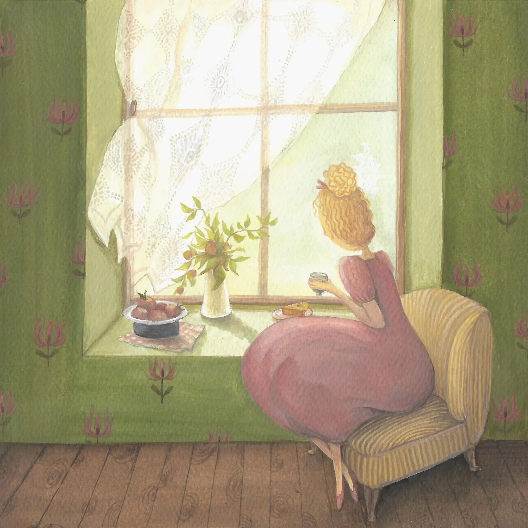 A woman with curly blonde hair in a pink dress sitting on a yellow striped chair by a window, holding a cup, with a bowl of apples, a vase of flowers, and a plate with a pastry on the windowsill.
