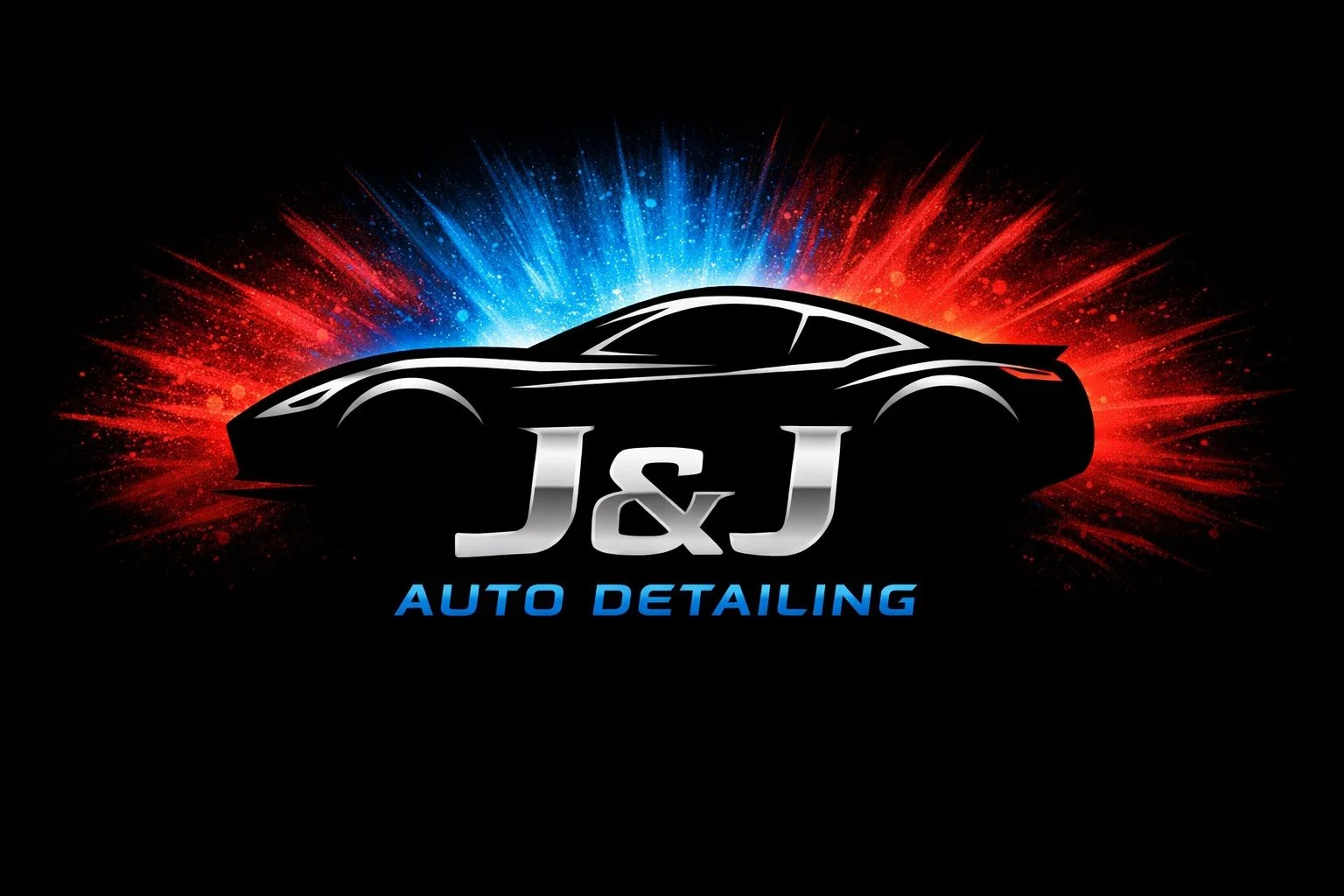 A black silhouette of a sports car with blue and red light burst behind it, displaying the text 'J&J Auto Detailing' in bold white and blue letters.