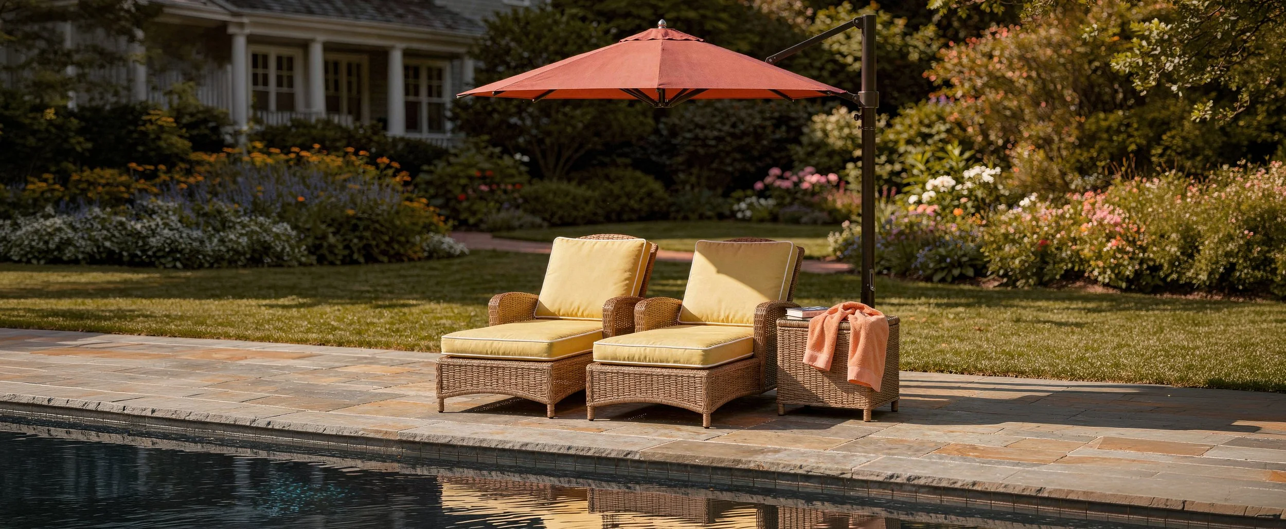 Outdoor poolside scene with two wicker lounge chairs with yellow cushions, a large red umbrella providing shade, and a towel hanging on one chair. The background features a well-maintained garden with colorful flowers and a house with white columns.