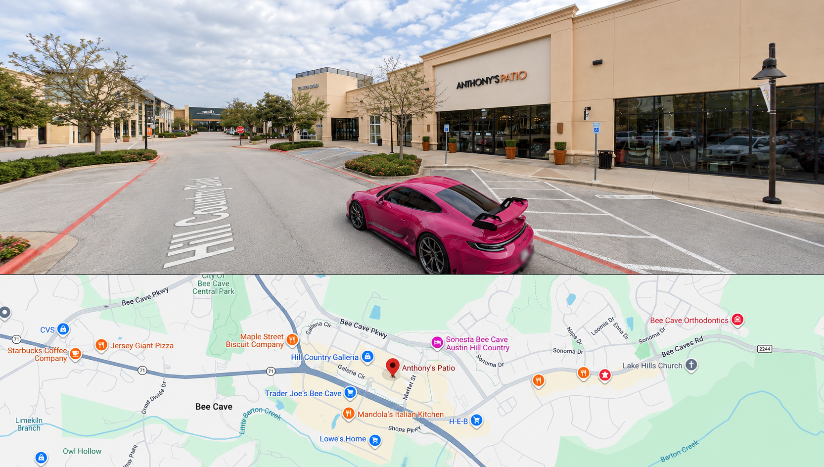 A pink sports car parked in an outdoor shopping center parking lot in front of Anthony's Patio, with a map of the area below showing nearby businesses and streets.