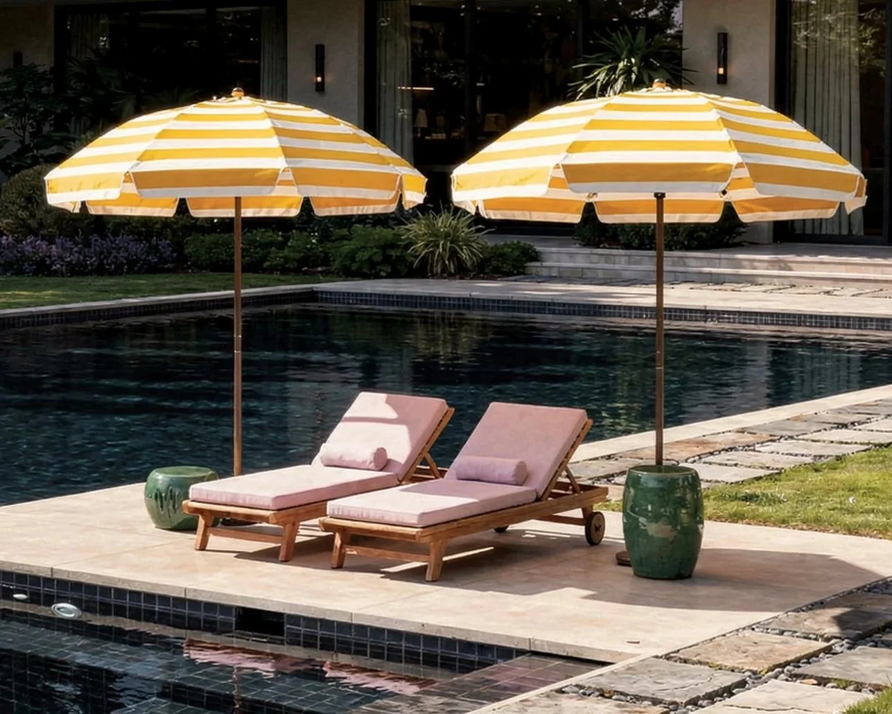 Poolside area with two pink lounge chairs and yellow-striped umbrellas on a tiled patio, near swimming pool with dark water, surrounded by greenery and modern house in the background.