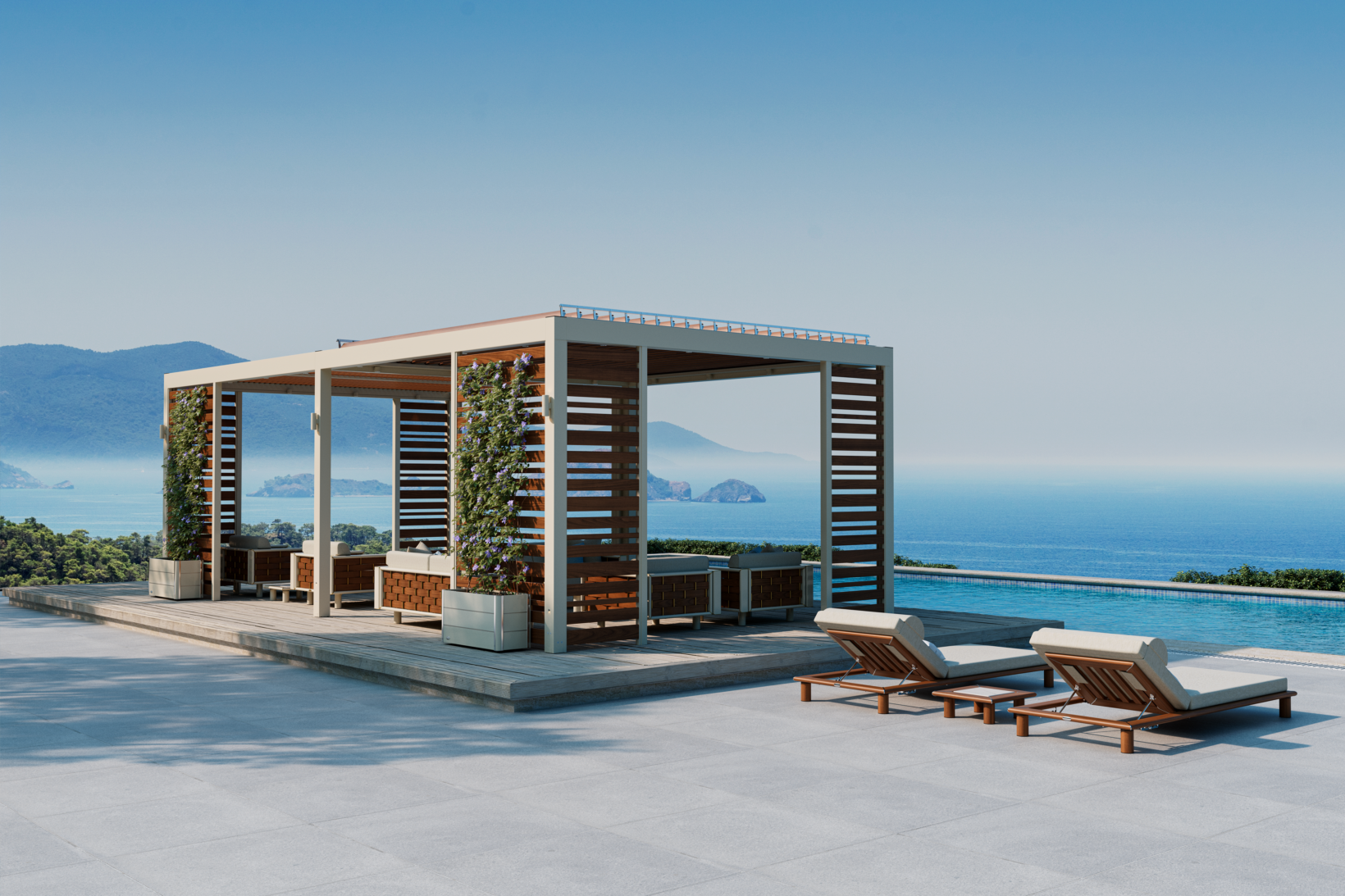 Modern rooftop patio with a pergola, lounge chairs, and an infinity pool overlooking the ocean and distant mountains. TUUCI