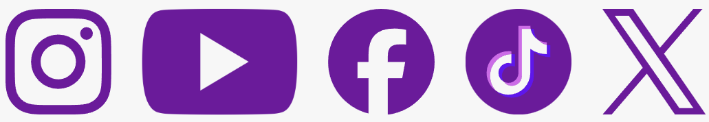 Icons for Instagram, YouTube, Facebook, TikTok, and a crossed-out icon with purple backgrounds.
