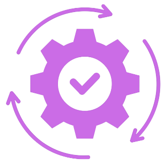 Purple gear with checkmark in the center surrounded by circular arrows.