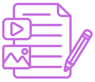 Outline of a clipboard with a play button, picture, and lines representing text, along with a pencil.