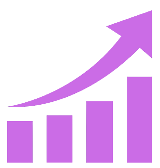 Purple upward arrow arrow over a bar graph with four ascending bars.