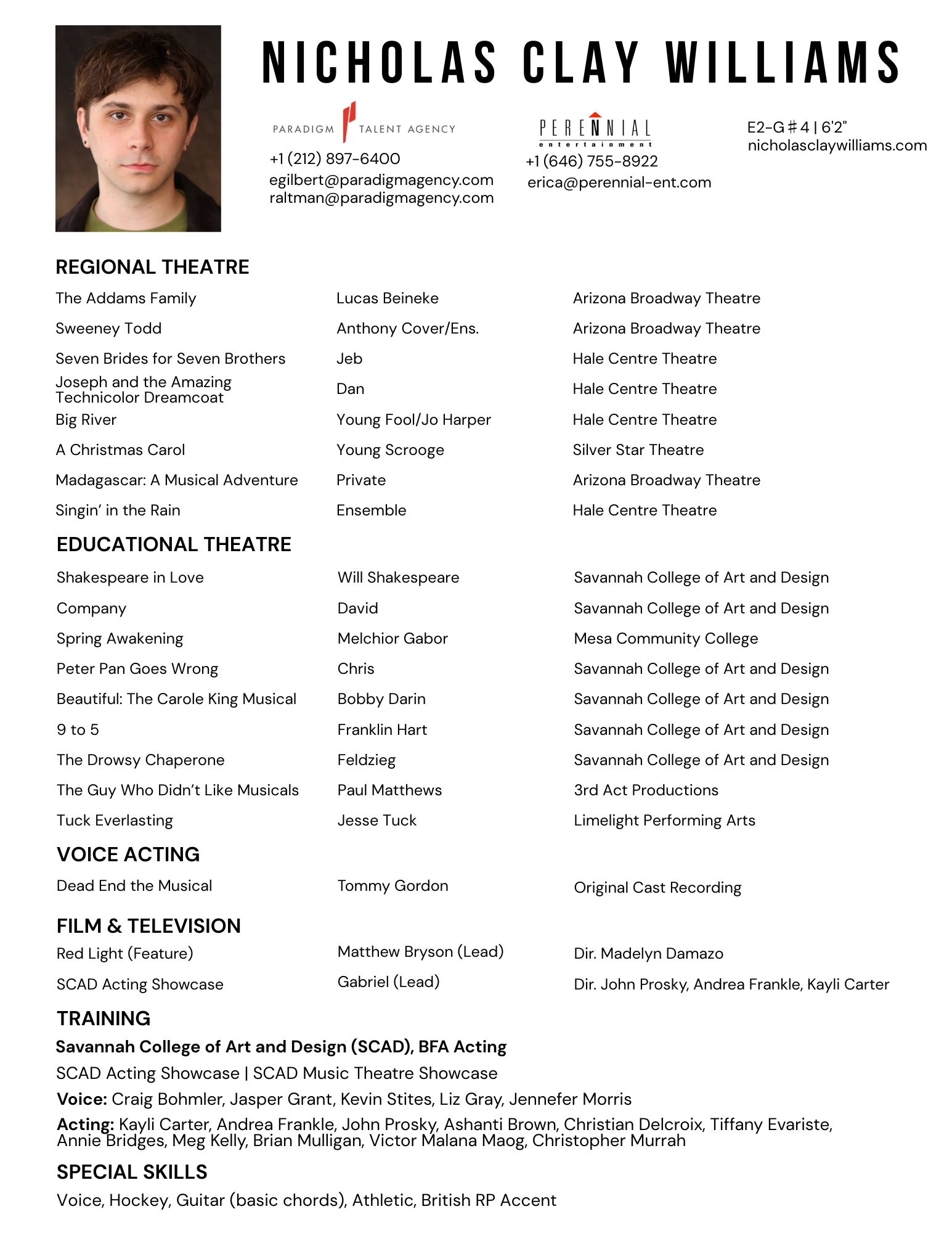 A resume for Nicholas Clay Williams featuring his photo, contact information, and his theatrical, voice acting, film, television, training, special skills, and accolades.