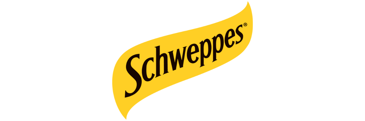 Schweppes logo with black text on a yellow curved background