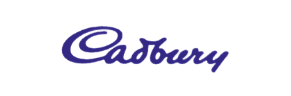 Close-up of the Cadbury logo in purple cursive lettering on a white background.