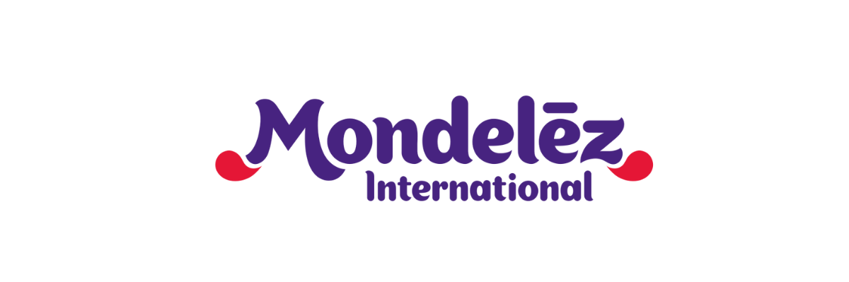 Mondelēz International logo with purple text and red accents on a white background.