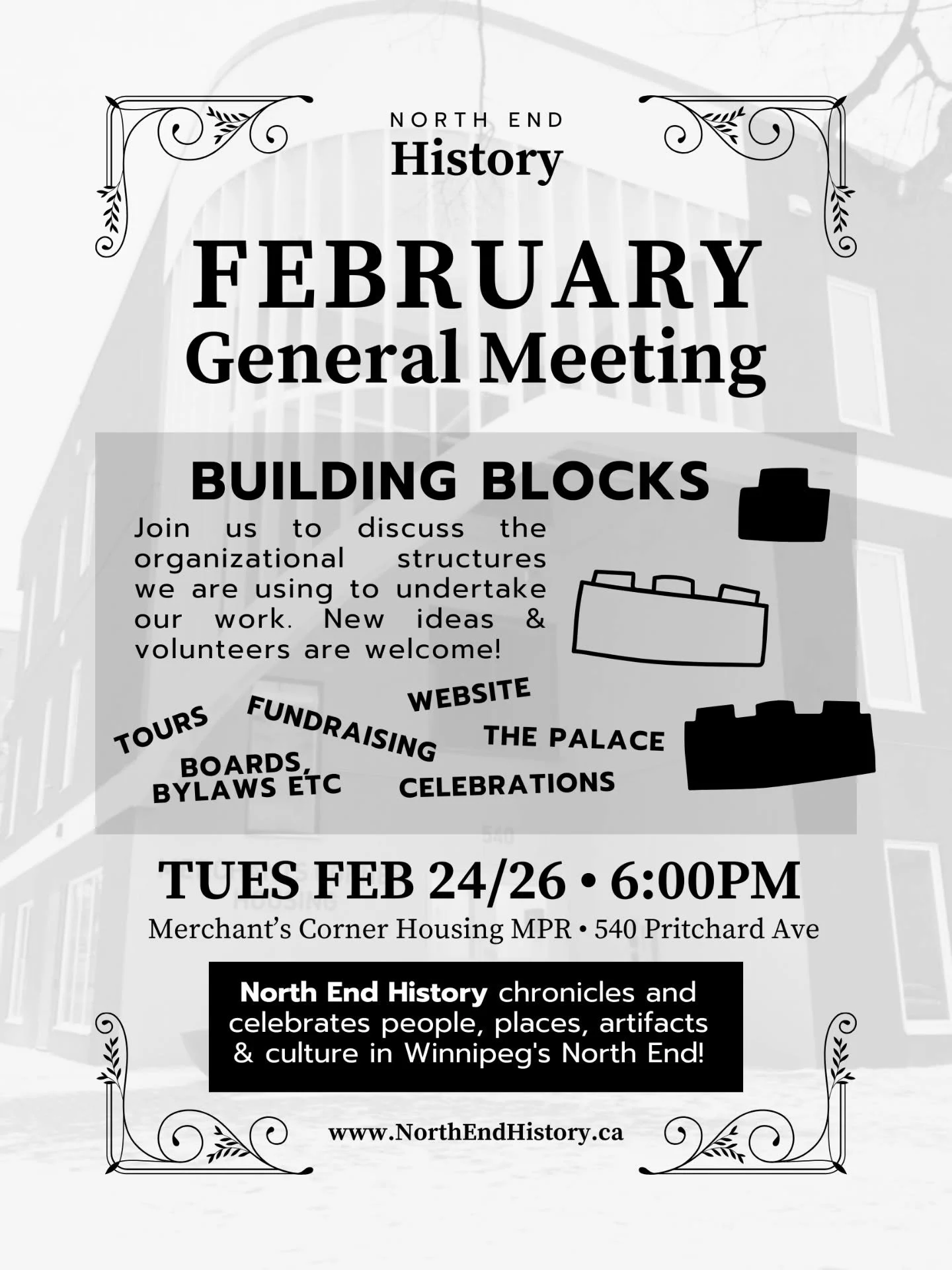 Join us on Tuesday February 24 at 6pm at Merchants Corner Housing Multi Purpose Room at 540 Pritchard Ave to discuss the nuilding blocks (organizational structures) we are using to undertake our work. New ideas &amp; volunteers are welcome! @thepalac