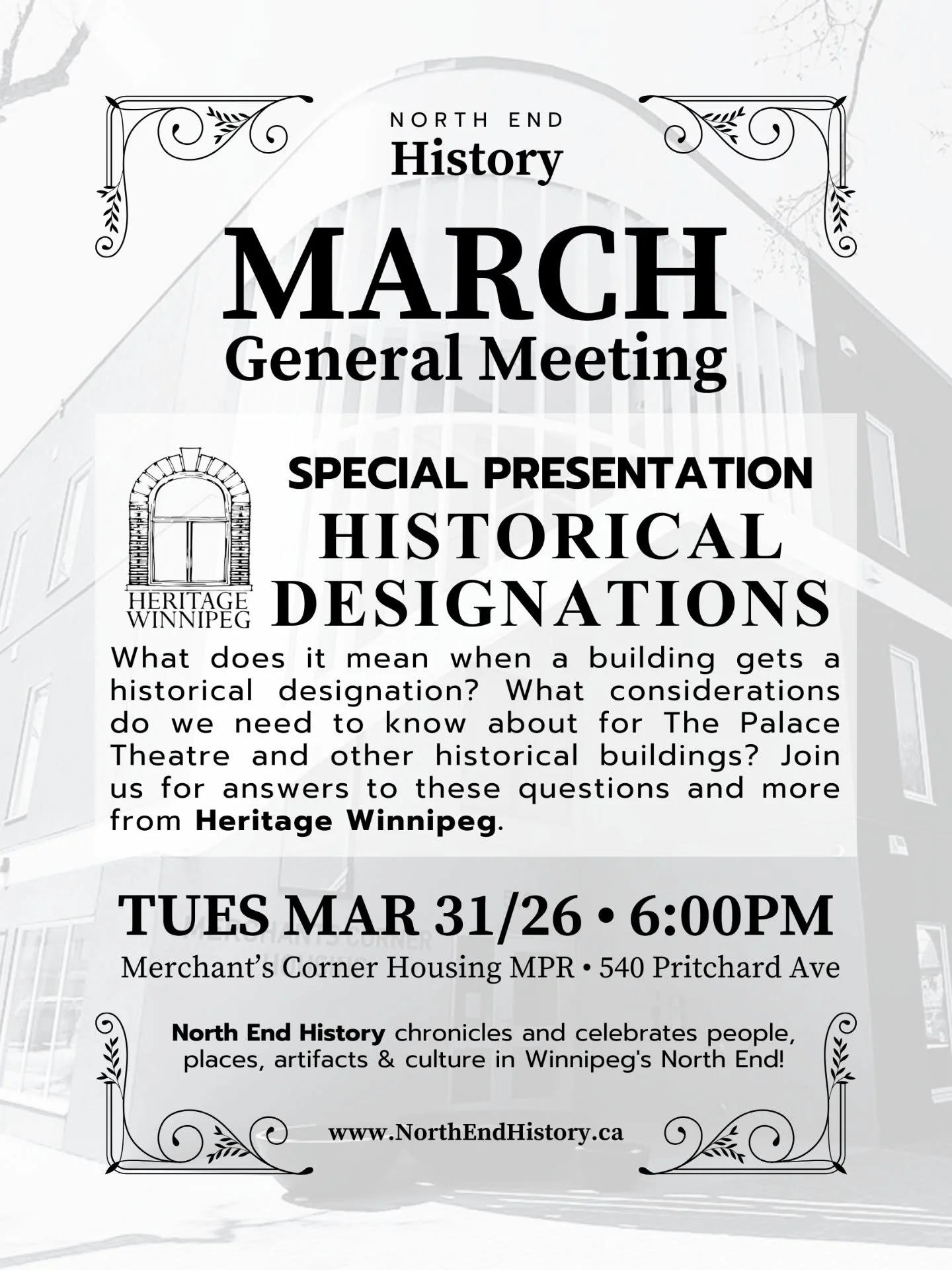 Our March General Meeting will feature some special guests! What does it mean when a building gets a historical designation? What considerations do we need to know about for The Palace Theatre (@thepalacewpg) and other historical buildings? Join us f