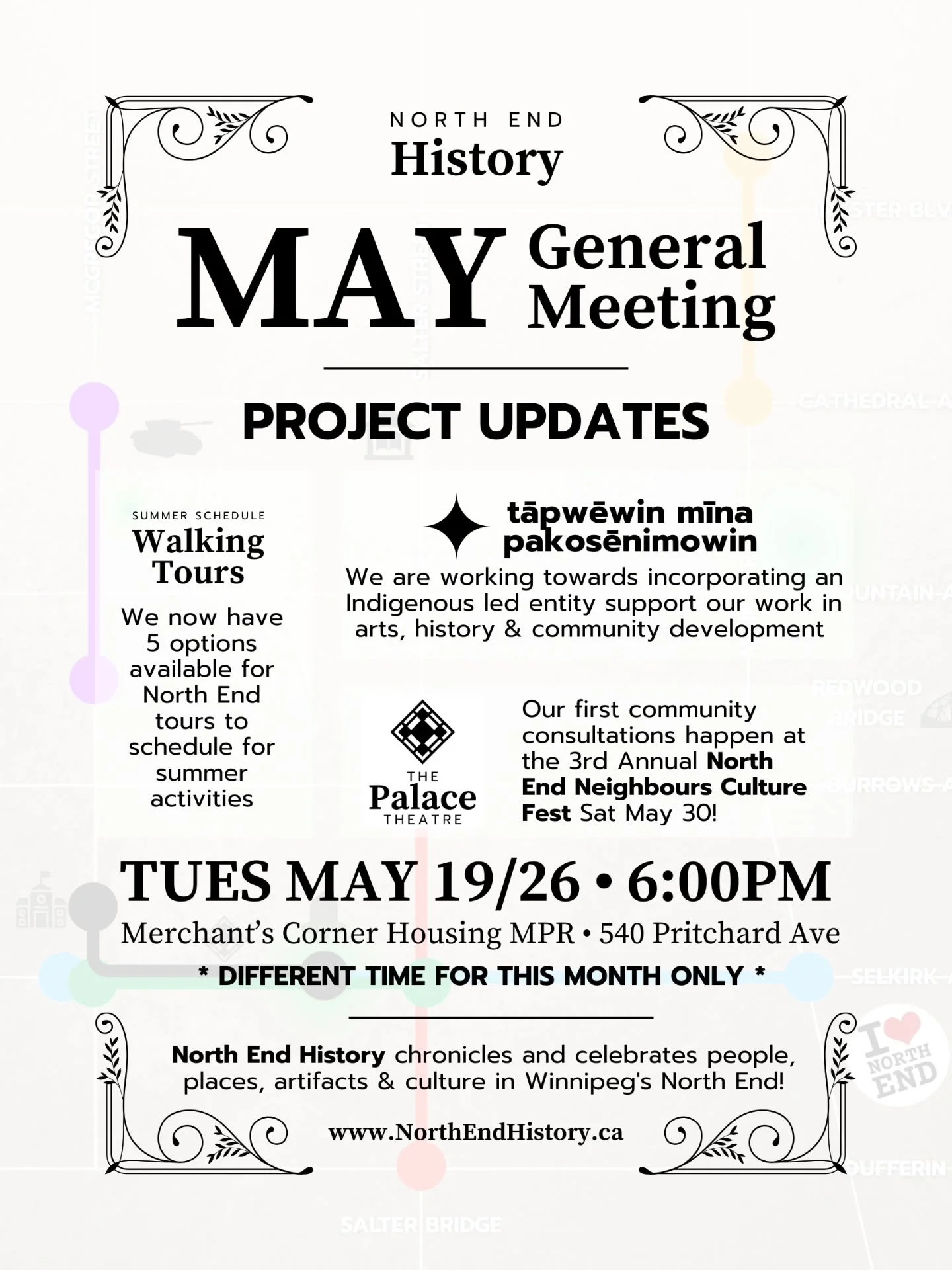 Please join us for our May General Meeting (on a different date for this month only) Tuesday May 19 at 6pm at @themerchantscorner Housing MPR at 540 Pritchard Ave. You will hear about our work with specific updates from our summer walking tours, tāpw