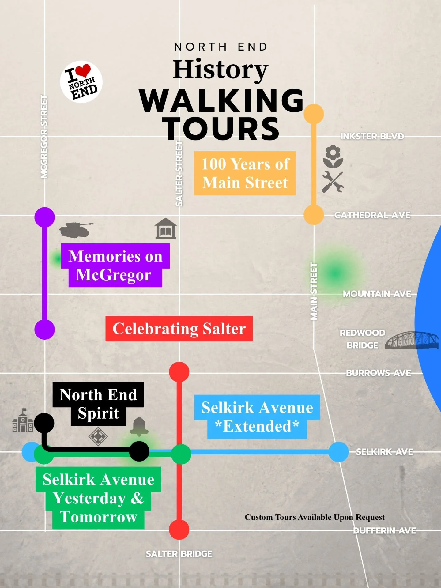 We are excited to welcome the community to our walking tours, we now have 6 to offer! Please reach out if you'd like to organize a walking tour for your group or organization!

🟡 100 Years of Main Street: Commerce &amp; Community
🟣 Memories on McGr