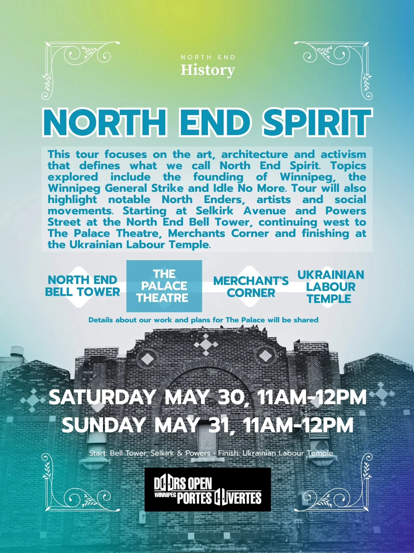 Please join us on Saturday May 30 &amp; Sunday May 31 from 11am-12pm for our free walking tour North End Spirit!

This tour focuses on the art, architecture and activism that defines what we call North End Spirit. Topics explored include the founding