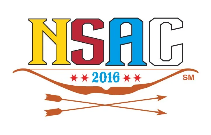 The logo for North Side Archery Club featuring the acronym NSAC in colorful block letters, the year 2016, and crossed arrows.