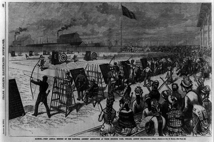 Historical black and white illustration of an archery competition.