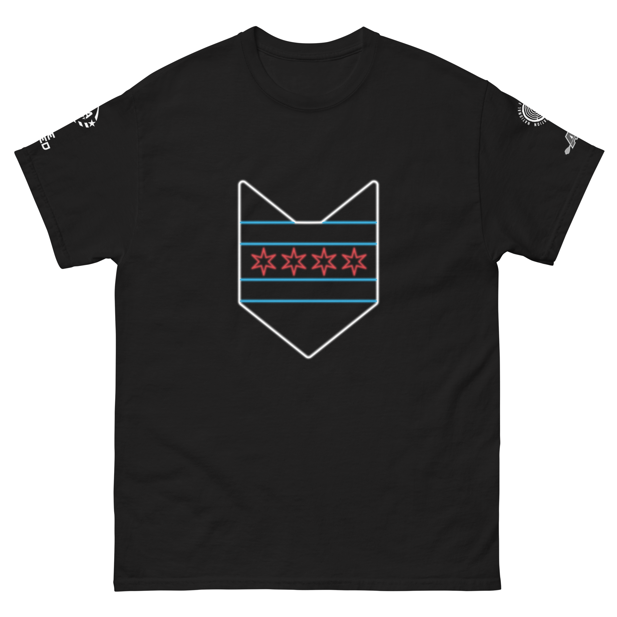 Black T-shirt with glowing graphic design of a minimalist bottle with stars and lines in neon style.