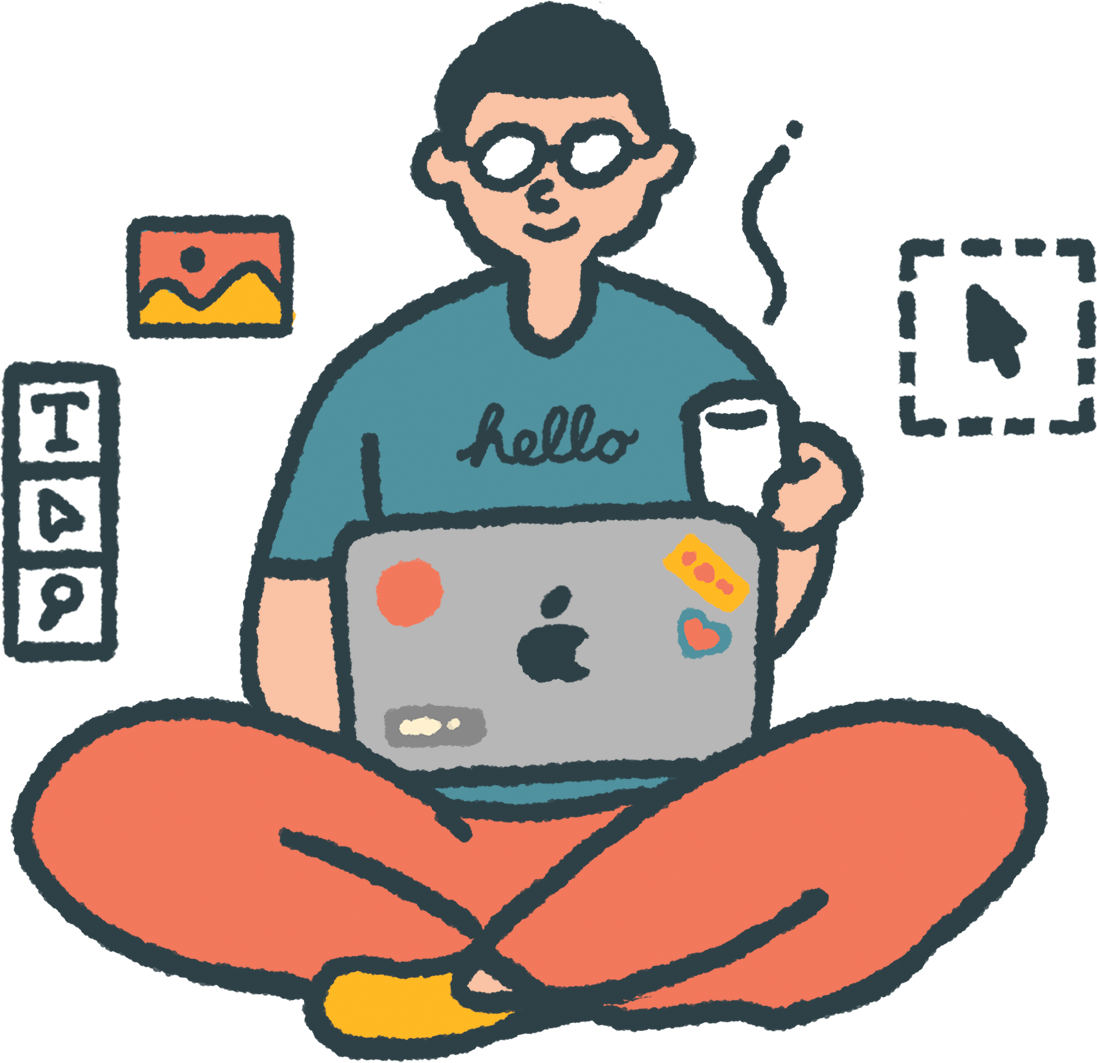 A person sitting cross-legged on the floor with a laptop, holding a cup, wearing glasses and a blue shirt that says 'hello'. The background includes a small framed picture and red and black boxes.