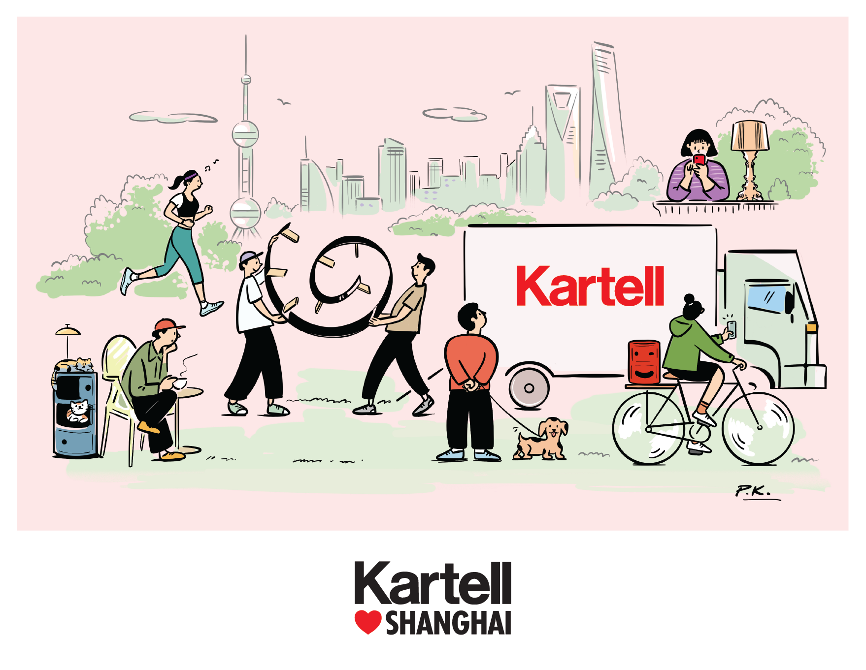 Illustration of a busy city scene in Shanghai with people engaged in different activities, including jogging, cycling, working with a clock, and using smartphones, with modern buildings and the Shanghai skyline in the background and a large delivery truck bearing the 'Kartell' logo.