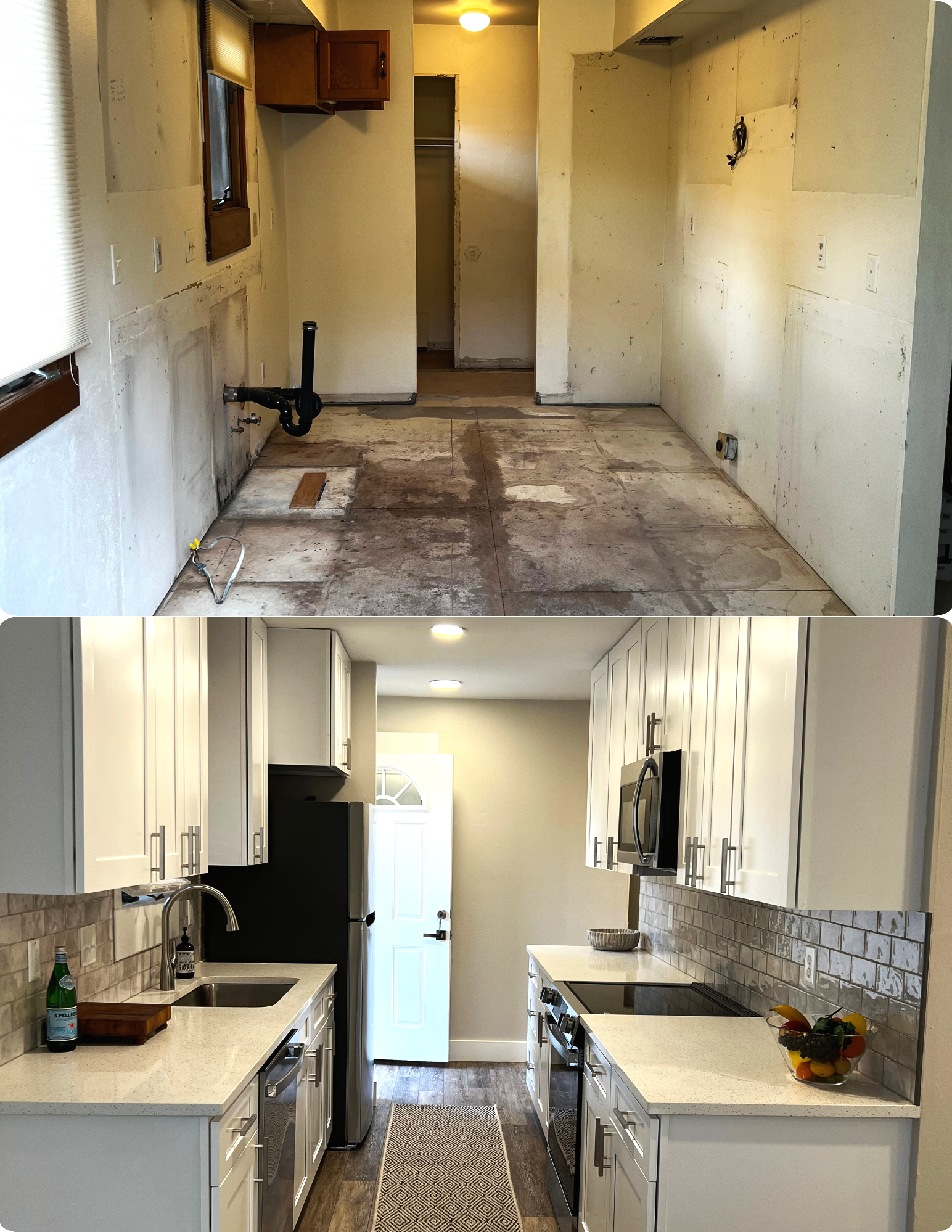 Before and after photos of kitchen renovation, showing an empty, unfinished room in the top image and a modern, fully equipped kitchen in the bottom image.