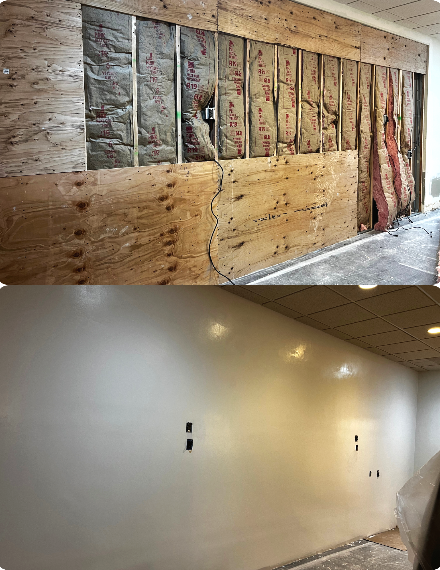 Two images of an interior wall undergoing renovation. The top image shows the wall with exposed insulation and framing, with some electrical wiring visible. The lower image shows the same wall painted or finished with a light-colored surface, and electrical outlets installed.