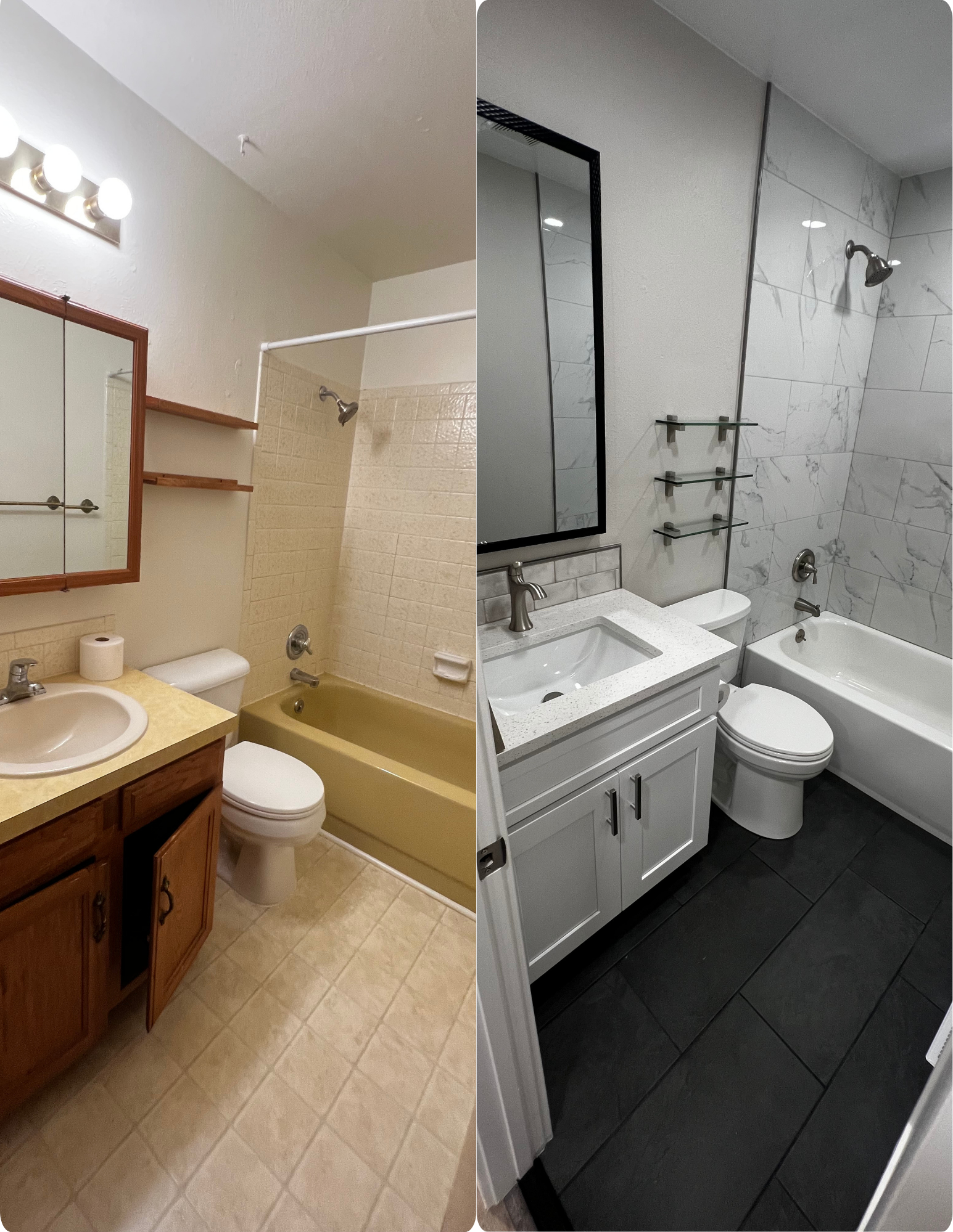 Comparison of two bathrooms, one with beige tiles and wooden cabinets, the other with black tiles and white cabinets, both featuring showers, sinks, and toilets.