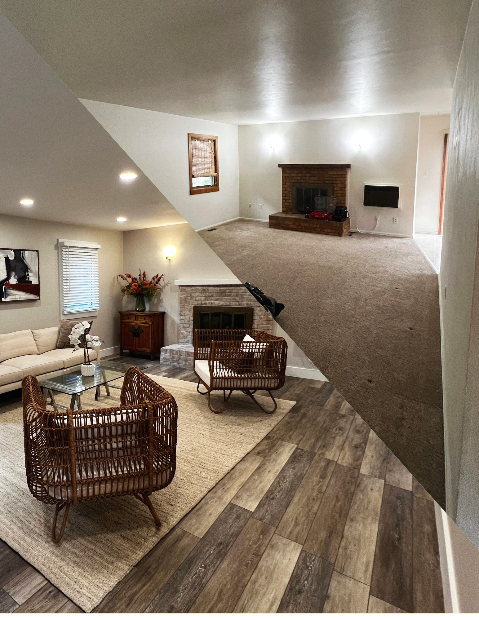 Living room with beige carpet, brick fireplace, flat-screen TV on white wall, wicker chairs, wooden furniture, and a beige sofa with pillows.