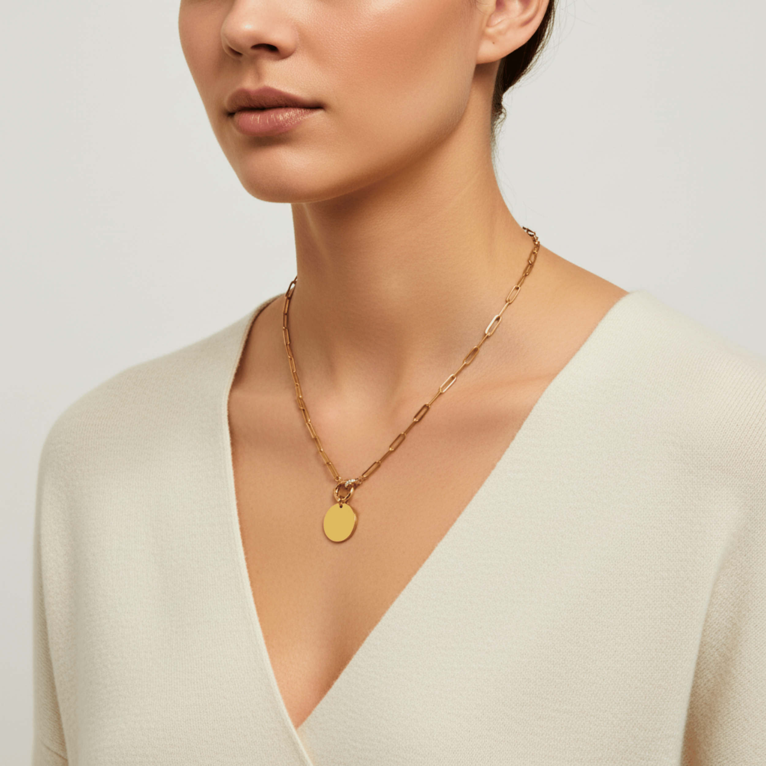 A woman wearing a beige V-neck top and gold paperclip chain necklace with a circular pendant.