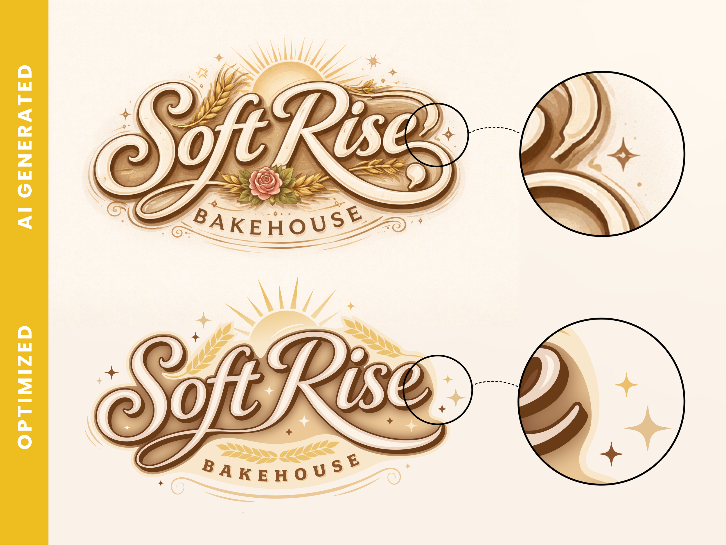 Comparison of two logo designs for Soft Rise Bakehouse, showing an AI generated logo on top and an improved, optimized version below, with close-up views of the design elements.
