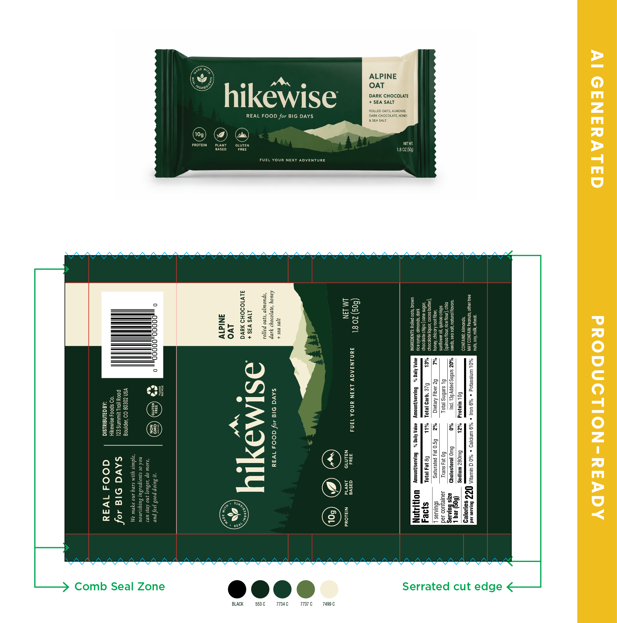 A comparison of an AI generated packaging design for a snack bar, turned into flat artwork on a dieline that is ready to be sent to a printer. Pantone colors selected at the bottom.